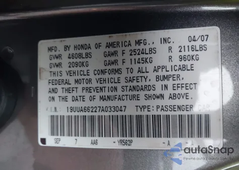 2007 Acura Tl 3.2 from USA, damaged, VIN 19UUA66227A033047